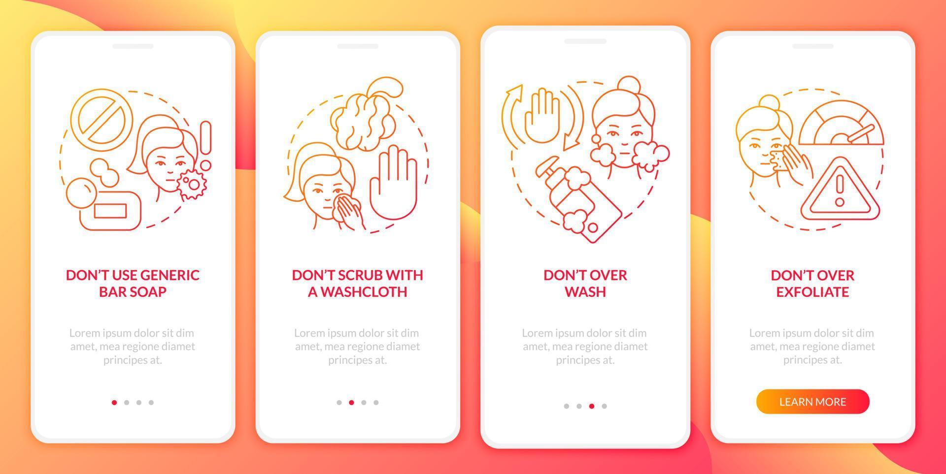 Skincare donts red gradient onboarding mobile app screen. Best care walkthrough 4 steps graphic instructions pages with linear concepts. UI, UX, GUI template. Myriad Pro-Bold, Regular fonts used vector