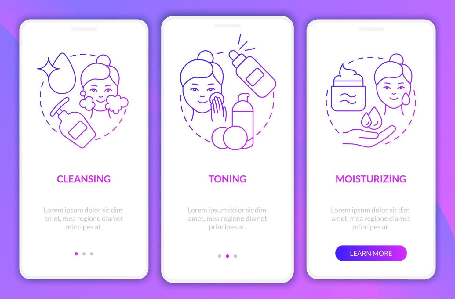 Skincare routine steps purple gradient onboarding mobile app screen. Skin walkthrough 3 steps graphic instructions pages with linear concepts. UI, UX, GUI template. Myriad Pro-Bold, Regular fonts used vector