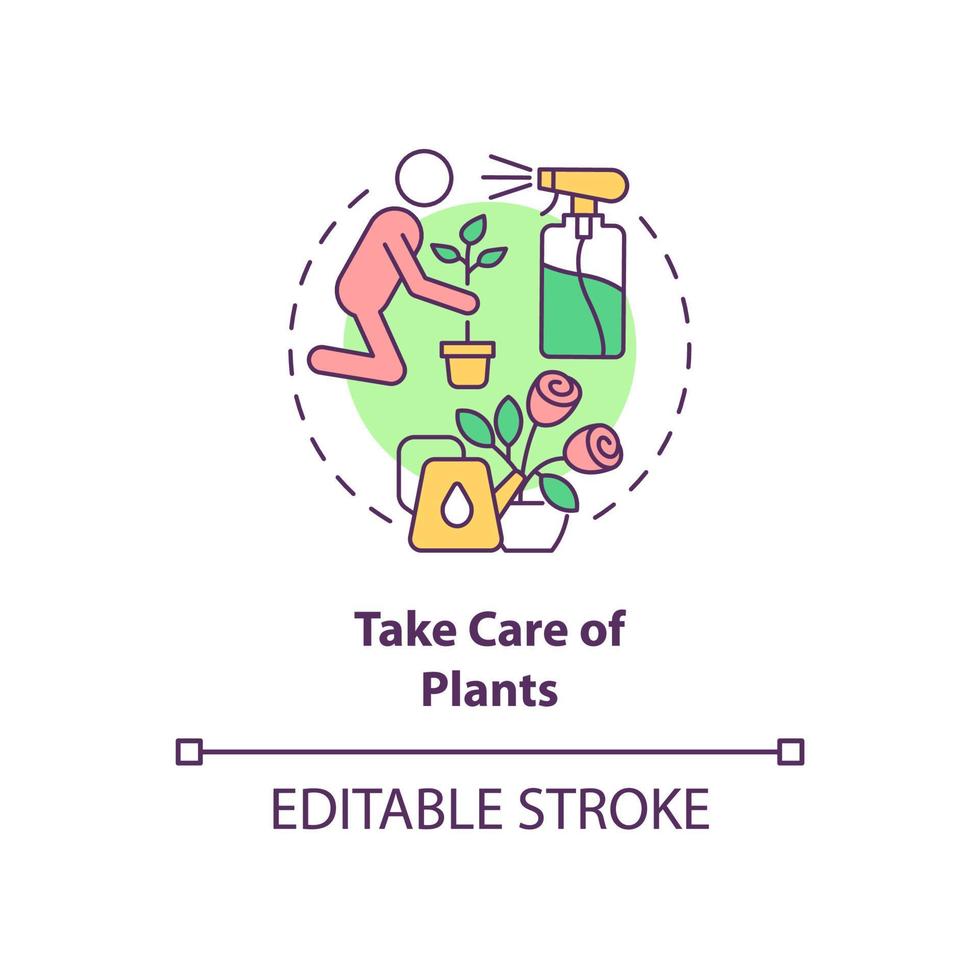 Take care of plants concept icon. Gardening hobby. Morning routine abstract idea thin line illustration. Isolated outline drawing. Editable stroke. Roboto-Medium, Myriad Pro-Bold fonts used vector
