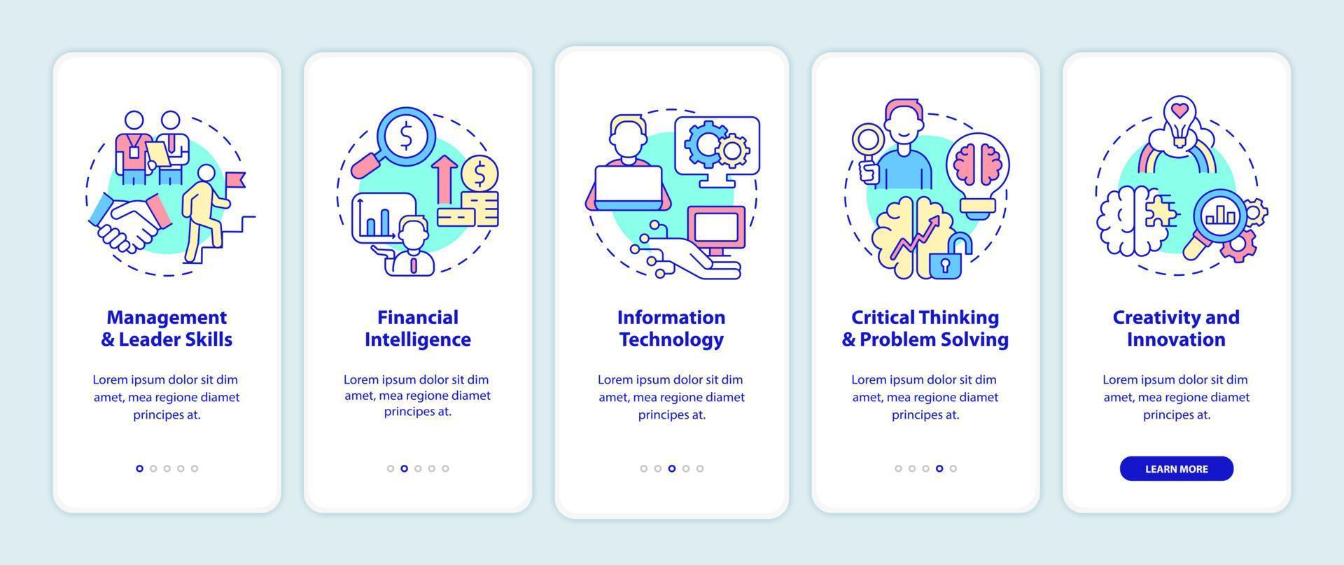 Habilidades para la gestión empresarial incorporando la pantalla de la aplicación móvil. tutorial 5 pasos páginas de instrucciones gráficas con conceptos lineales. interfaz de usuario, ux, plantilla de interfaz gráfica de usuario. innumerables fuentes pro-negrita y regulares utilizadas vector