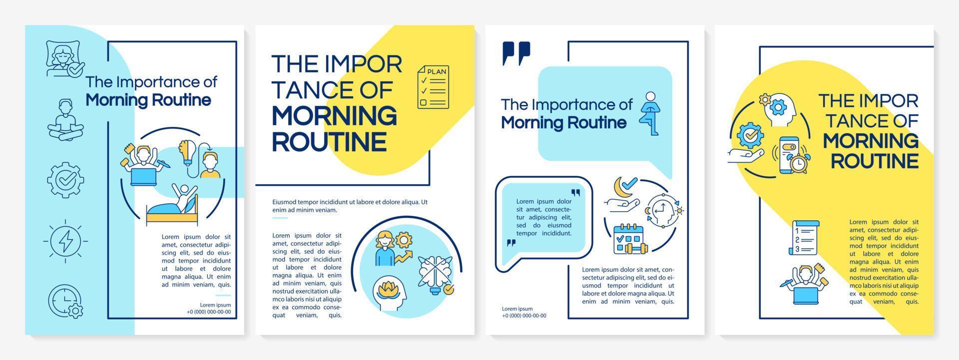 Morning routine importance blue and yellow brochure template. Booklet print design with linear icons. Vector layouts for presentation, annual reports, ads. Questrial-Regular, Lato-Regular fonts used