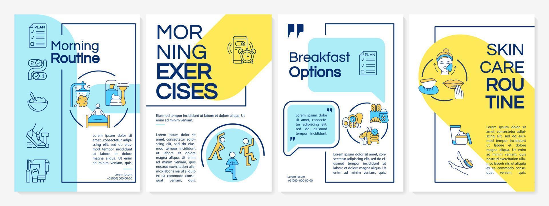 Morning routine blue and yellow brochure template. Life tips. Booklet print design with linear icons. Vector layouts for presentation, annual reports, ads. Questrial-Regular, Lato-Regular fonts used