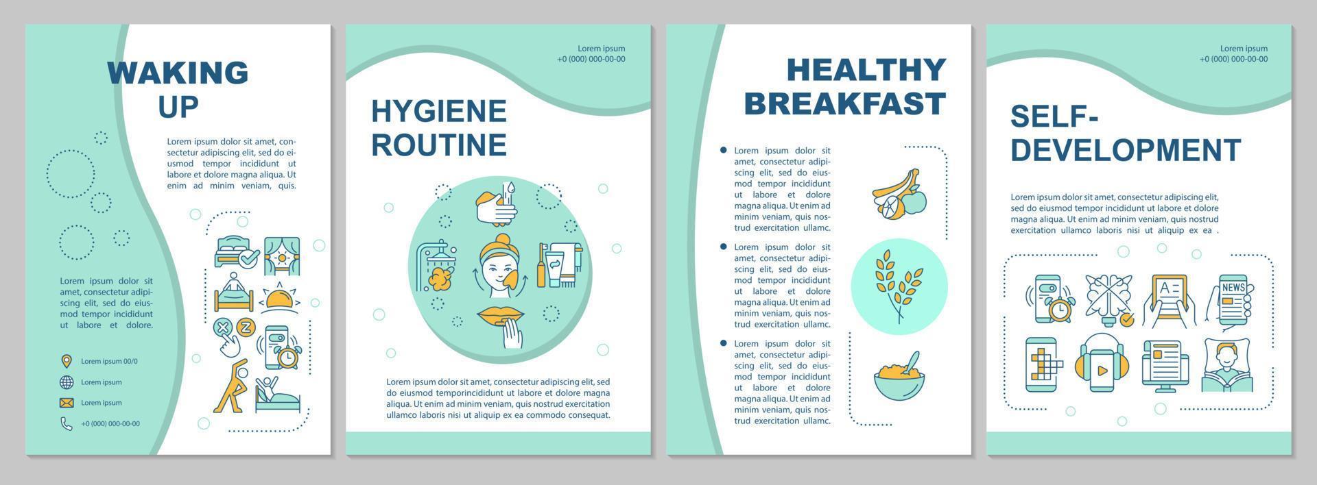 Waking up mint brochure template. Morning routine tips. Booklet print design with linear icons. Vector layouts for presentation, annual reports, ads. Arial, Myriad Pro-Regular fonts used