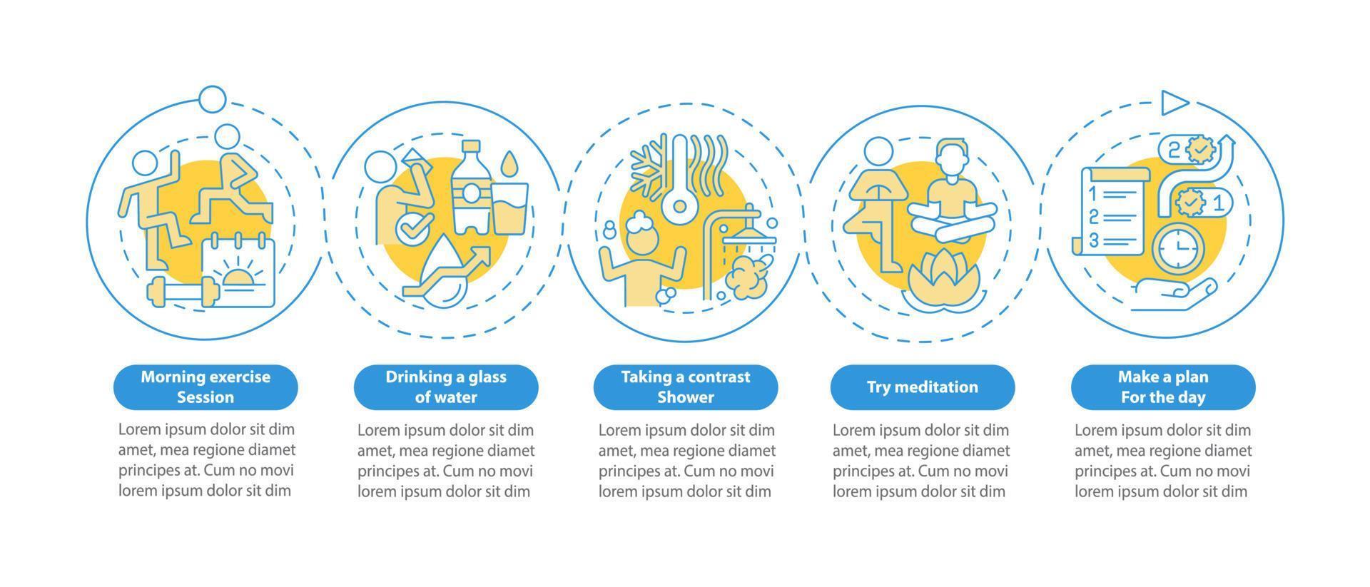 Morning routine circle infographic template. Everyday rituals. Data visualization with 5 steps. Process timeline info chart. Workflow layout with line icons. Lato-Bold, Regular fonts used vector