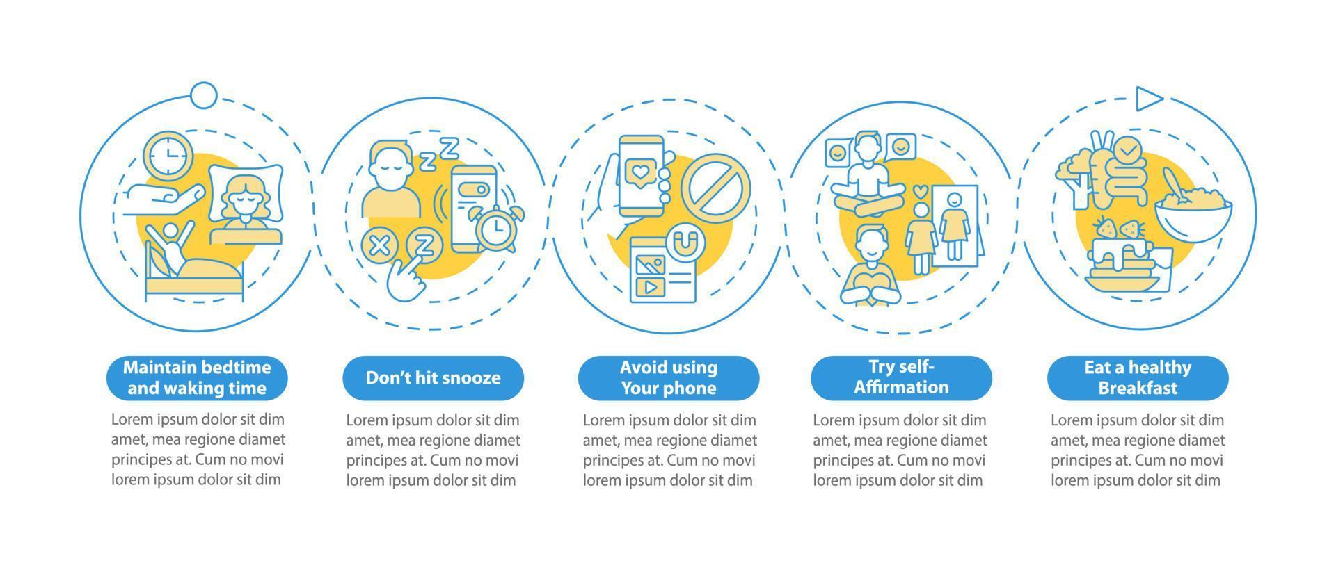 Tips for building morning routine circle infographic template. Data visualization with 5 steps. Process timeline info chart. Workflow layout with line icons. Lato-Bold, Regular fonts used vector