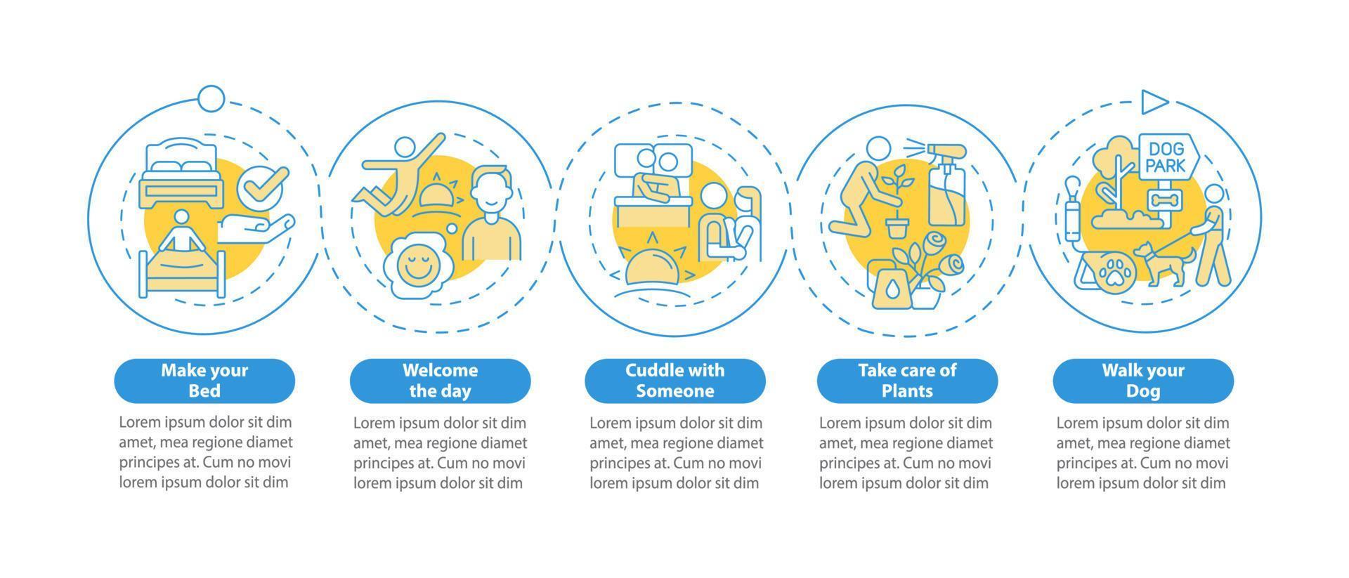Everyday routine tips circle infographic template. Start new day. Data visualization with 5 steps. Process timeline info chart. Workflow layout with line icons. Lato-Bold, Regular fonts used vector