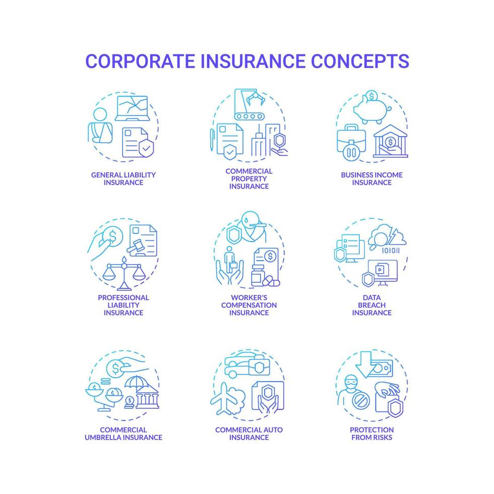 Corporate insurance blue gradient concept icons set. Business coverage for expense idea thin line color illustrations. Isolated outline drawings. Roboto-Medium, Myriad Pro-Bold fonts used vector