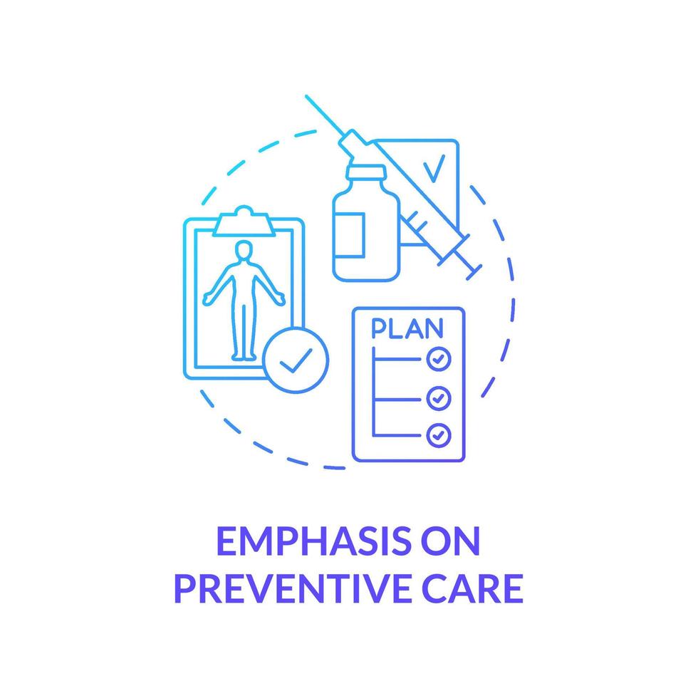 Emphasis on preventive care blue gradient concept icon. Company coverage benefit abstract idea thin line illustration. Isolated outline drawing. Roboto-Medium, Myriad Pro-Bold fonts used vector