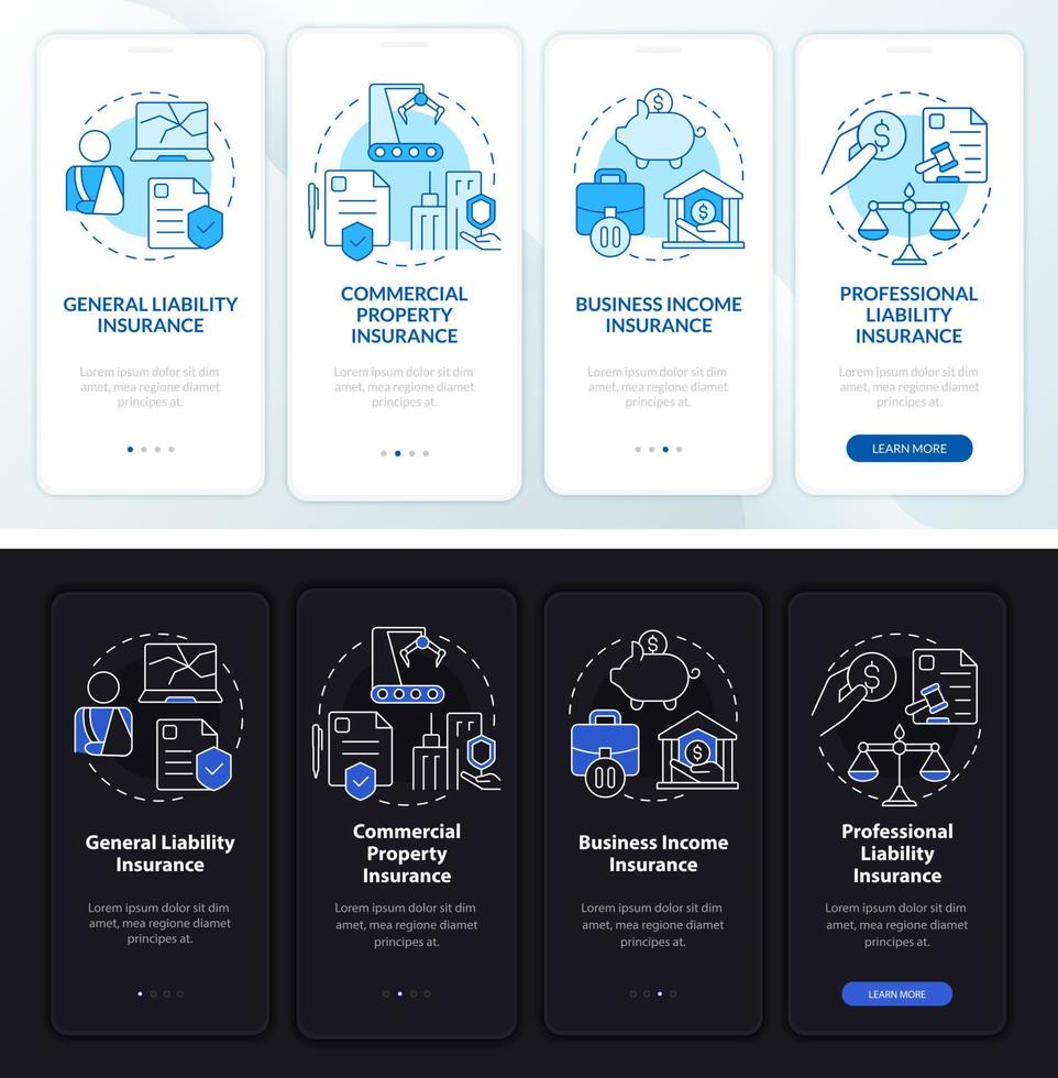 Insurance types day and night theme onboarding mobile app screen. Security walkthrough 4 step graphic instructions pages with linear concepts. UI, UX, GUI template. Myriad Pro-Bold, Regular fonts used vector