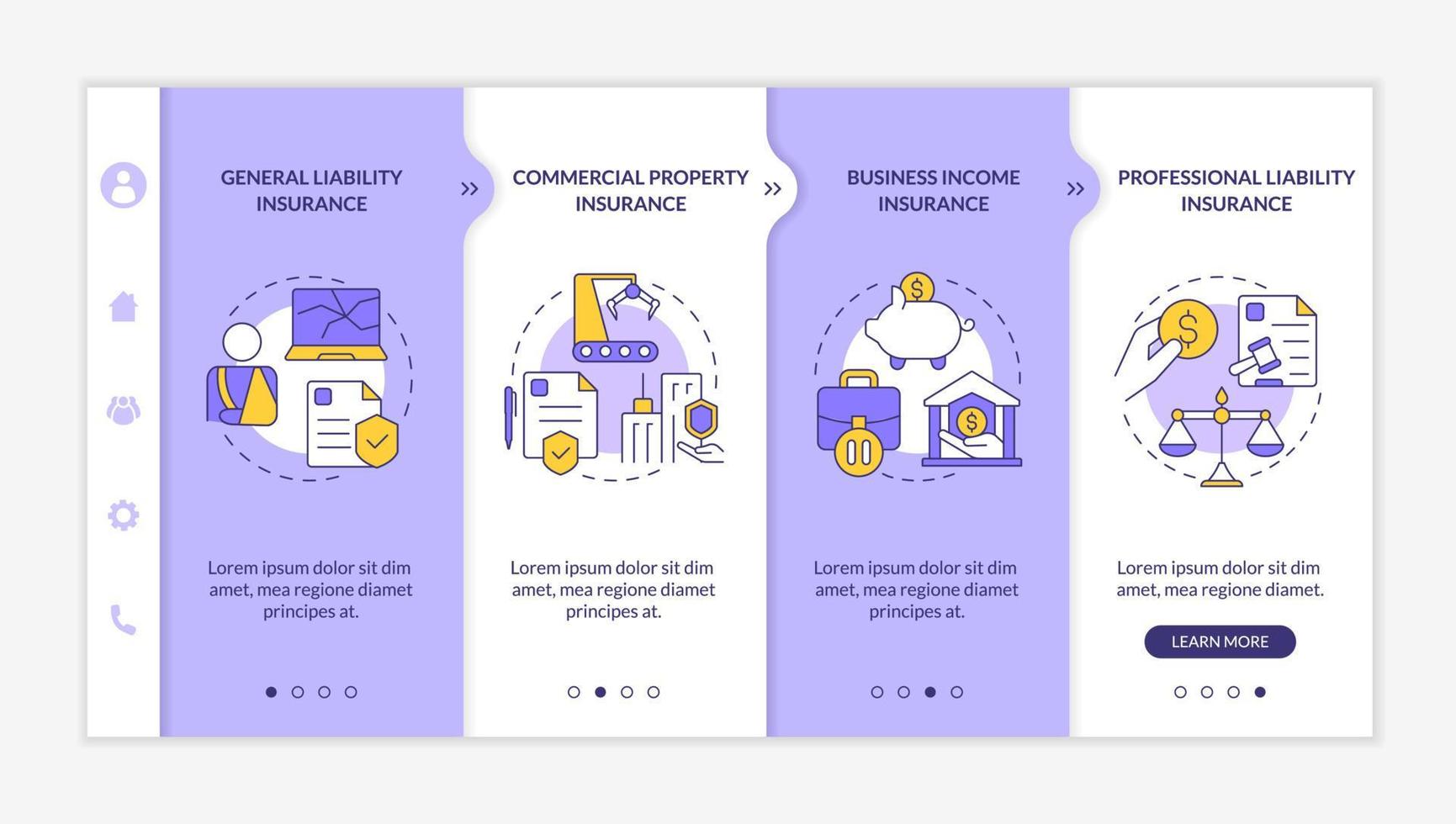 Coverage types purple and white onboarding template. Insurance. Responsive mobile website with linear concept icons. Web page walkthrough 4 step screens. Lato-Bold, Regular fonts used vector