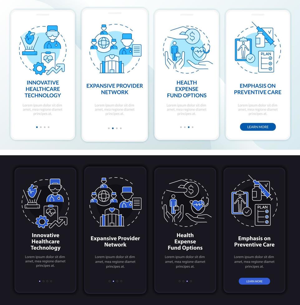 pantalla de la aplicación móvil de incorporación del tema de día y noche de seguros corporativos. página de instrucciones gráficas de 4 pasos del tutorial de seguridad con concepto lineal. interfaz de usuario, ux, plantilla de interfaz gráfica de usuario. innumerables fuentes pro-negrita y regulares utilizadas vector