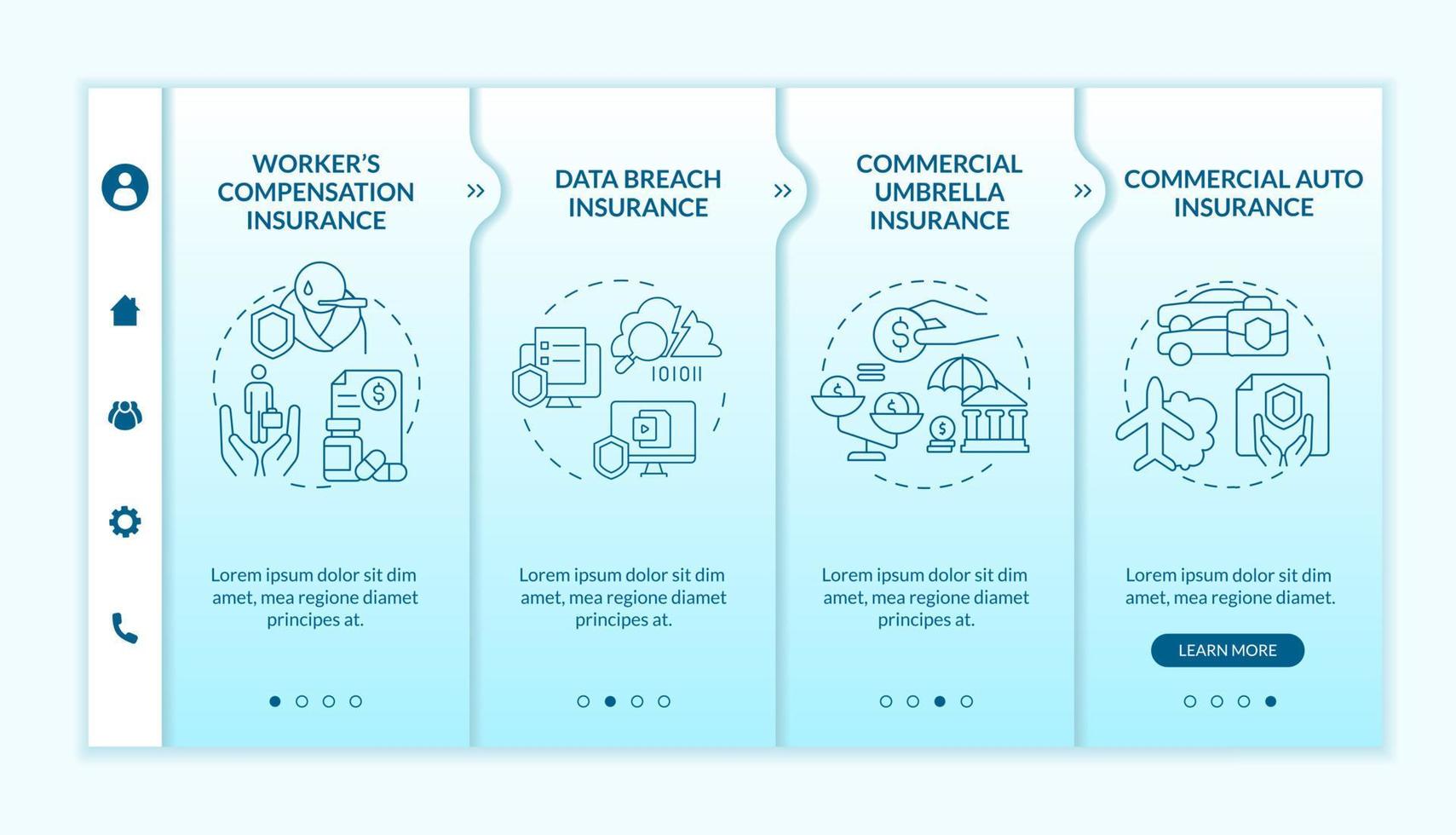 Insurance types turquoise gradient onboarding template. Liability claim. Responsive mobile website with linear concept icons. Web page walkthrough 4 step screens. Lato-Bold, Regular fonts used vector