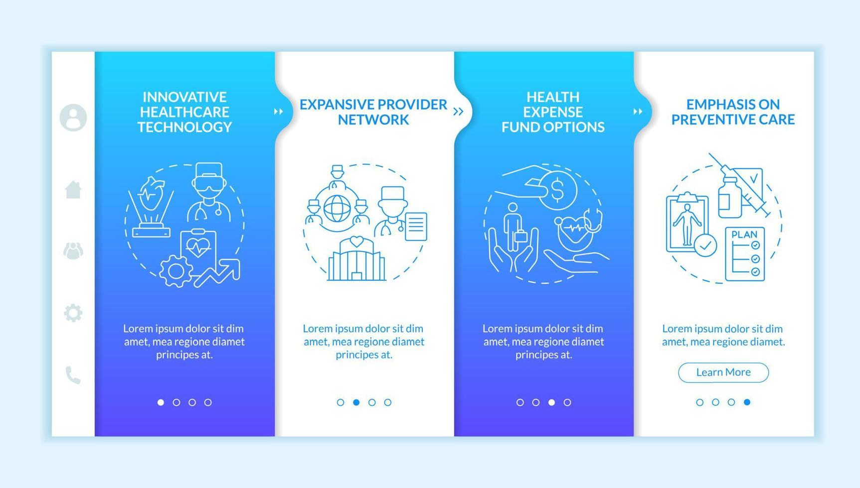 Corporate insurance for employee perks blue gradient onboarding template. Policy. Responsive mobile website with linear concept icon. Web page walkthrough 4 step screens. Lato-Bold, Regular fonts used vector