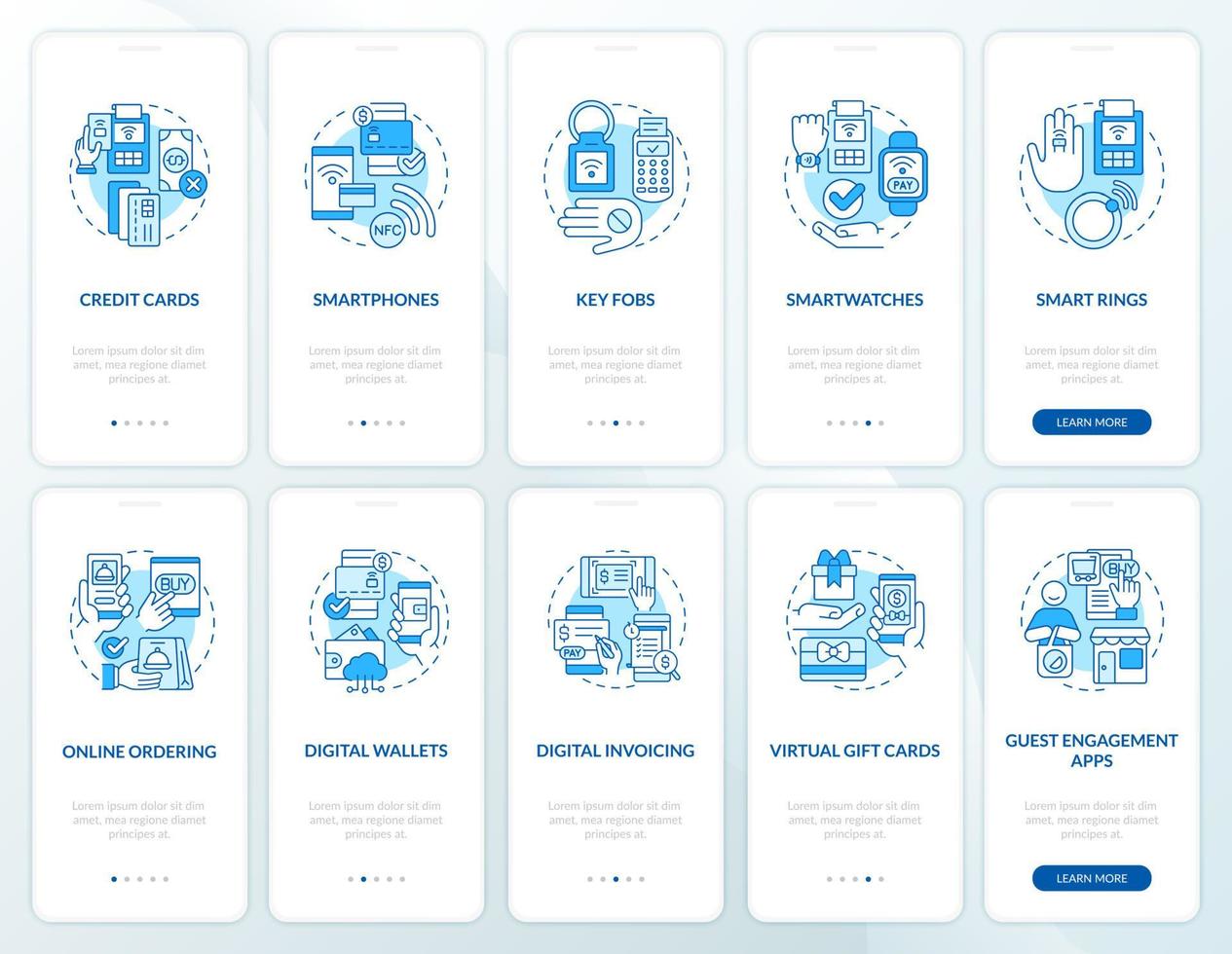 Contactless payment blue onboarding mobile app screen set. Touchless walkthrough 5 steps graphic instructions pages with linear concepts. UI, UX, GUI template. Myriad Pro-Bold, Regular fonts used vector