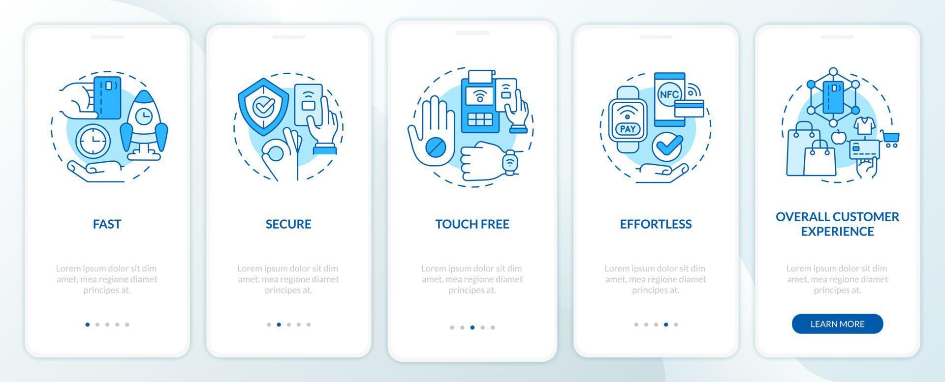 Benefits of contactless payments blue onboarding mobile app screen. Walkthrough 5 steps graphic instructions pages with linear concepts. UI, UX, GUI template. Myriad Pro-Bold, Regular fonts used vector