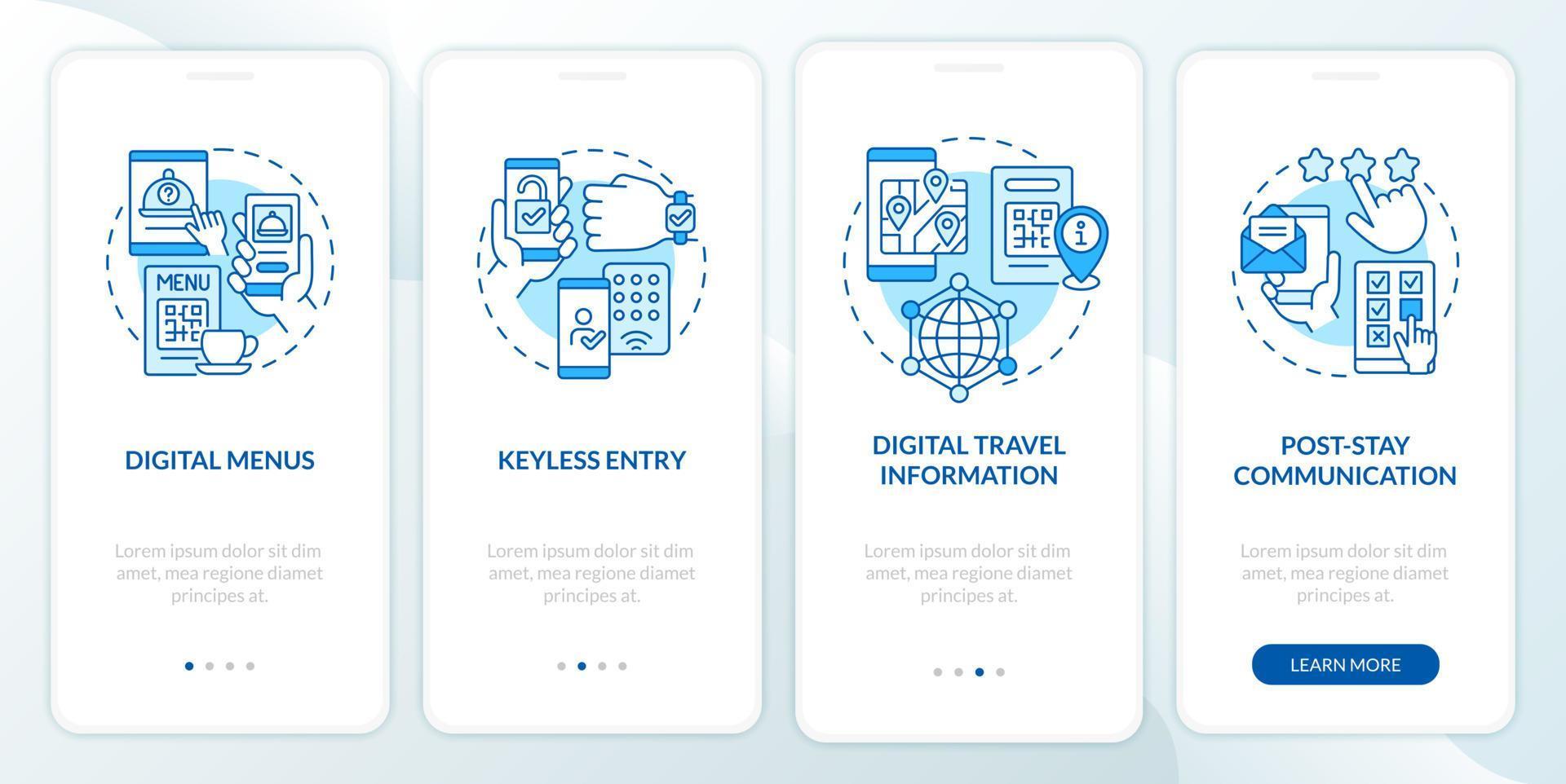 Contactless technology for hotels blue onboarding mobile app screen. Walkthrough 4 steps graphic instructions pages with linear concepts. UI, UX, GUI template. Myriad Pro-Bold, Regular fonts used vector