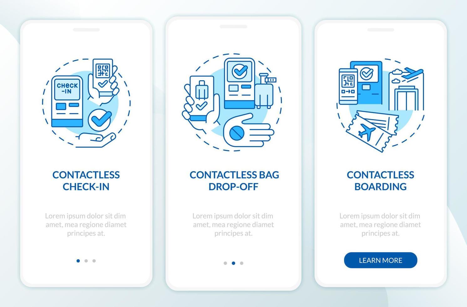 Contactless technology for travel blue onboarding mobile app screen. Walkthrough 3 steps graphic instructions pages with linear concepts. UI, UX, GUI template. Myriad Pro-Bold, Regular fonts used vector