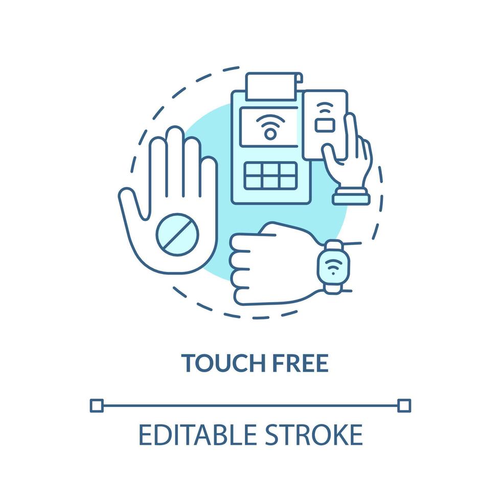 Touch free turquoise concept icon. Contactless payment. Touchless system abstract idea thin line illustration. Isolated outline drawing. Editable stroke. Roboto-Medium, Myriad Pro-Bold fonts used vector