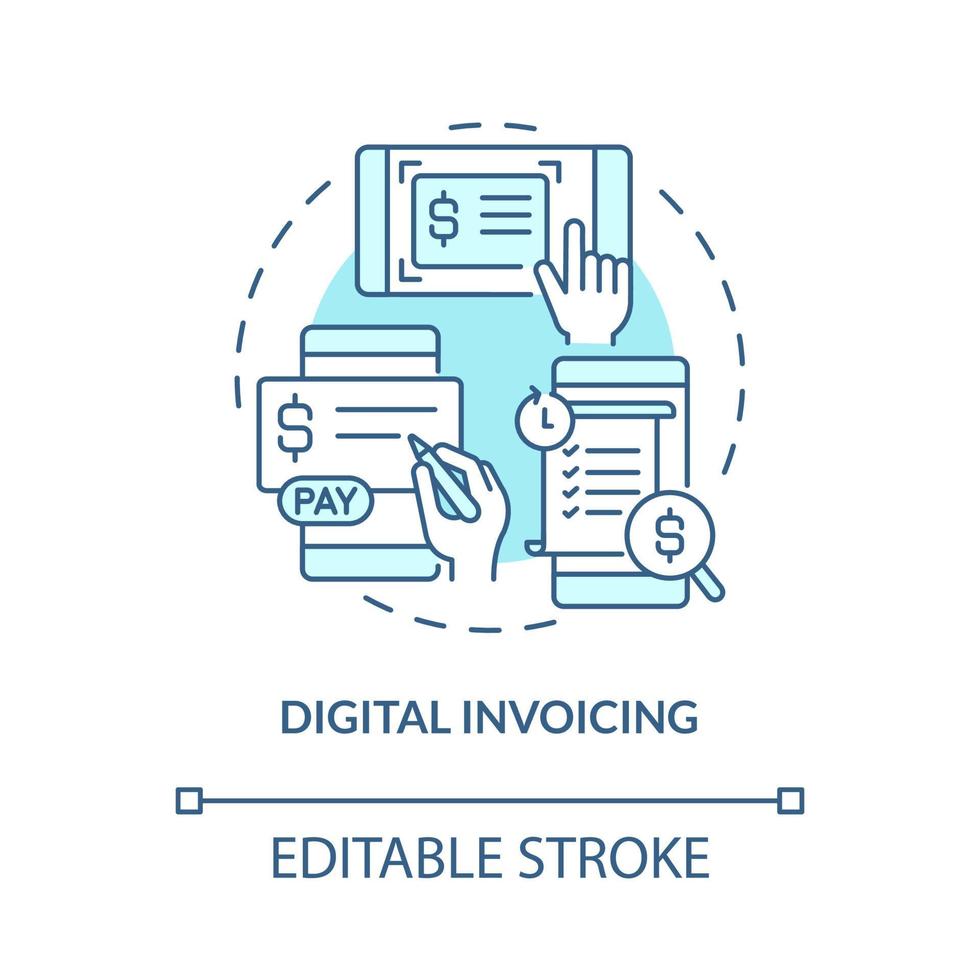 Digital invoicing turquoise concept icon. Paperless solution. Touchless system abstract idea thin line illustration. Isolated outline drawing. Editable stroke. Roboto-Medium, Myriad Pro-Bold font used vector
