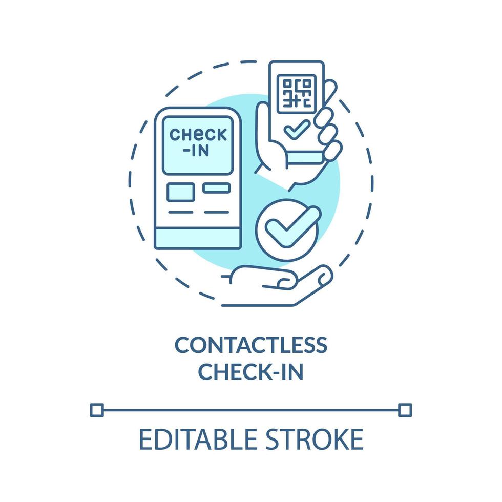 Contactless check in turquoise concept icon. Secure solution. Touchless system abstract idea thin line illustration. Isolated outline drawing. Editable stroke. Roboto-Medium, Myriad Pro-Bold font used vector