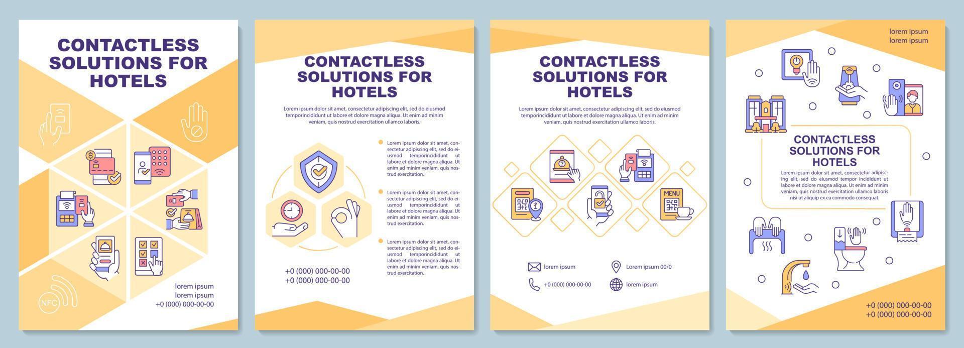 Contactless solutions for hotel brochure template. Booklet print design with linear icons. Vector layouts for presentation, annual reports, ads. Arial-Black, Myriad Pro-Regular fonts used