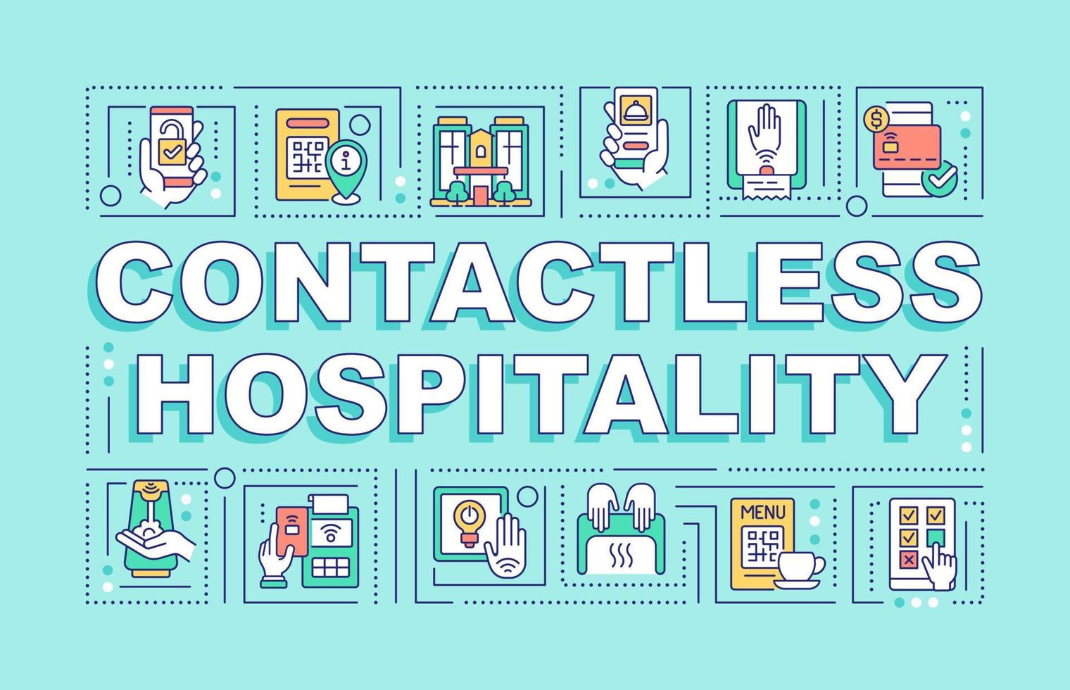 Contactless hospitality word concepts blue banner. Infographics with linear icons on background. Isolated typography. Vector outline color illustration with text. Arial-Black font used