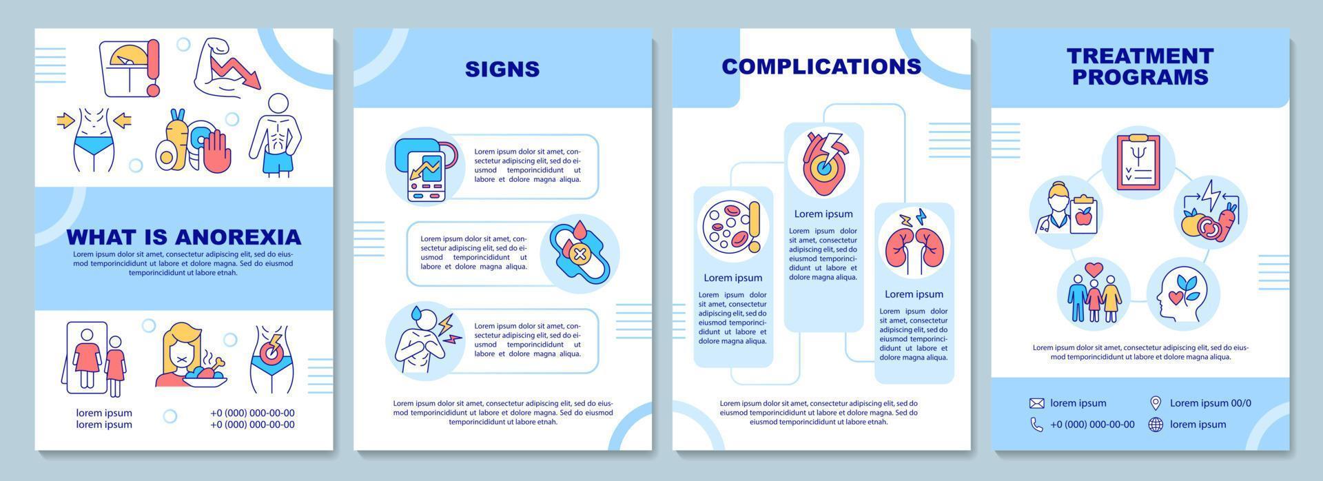 Anorexia blue brochure template. Nervosa signs and treatment. Booklet print design with linear icons. Vector layouts for presentation, annual reports, ads. Arial-Black, Myriad Pro-Regular fonts used