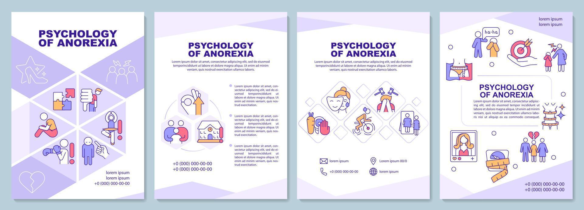 Psychology of anorexia purple brochure template. Mental illness. Booklet print design with linear icons. Vector layouts for presentation, annual report, ads. Arial-Black, Myriad Pro-Regular fonts used