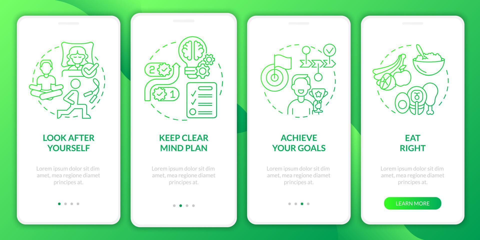 Well balanced life tips green gradient onboarding mobile app screen. Tips walkthrough 4 steps graphic instructions pages with linear concepts. UI, UX, GUI template. Myriad Pro-Bold, Regular fonts used vector