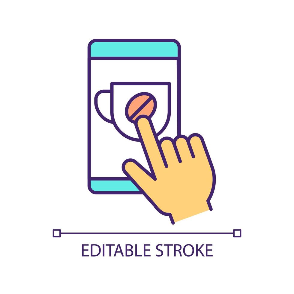 Make order for coffee RGB color icon. Automated coffee maker. Buy caffeine drink online. Mobile phone app. Isolated vector illustration. Simple filled line drawing. Editable stroke. Arial font used