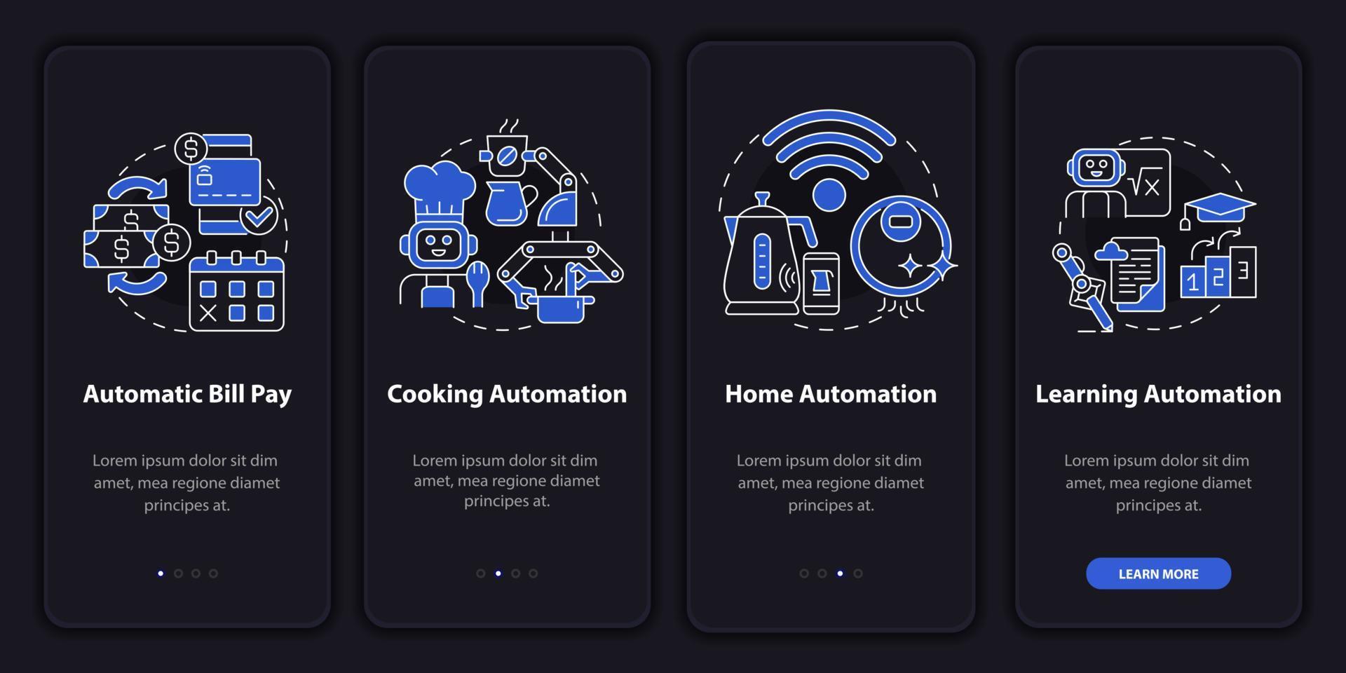 Everyday life automation night mode onboarding mobile app screen. Walkthrough 4 steps graphic instructions pages with linear concepts. UI, UX, GUI template. Myriad Pro-Bold, Regular fonts used vector