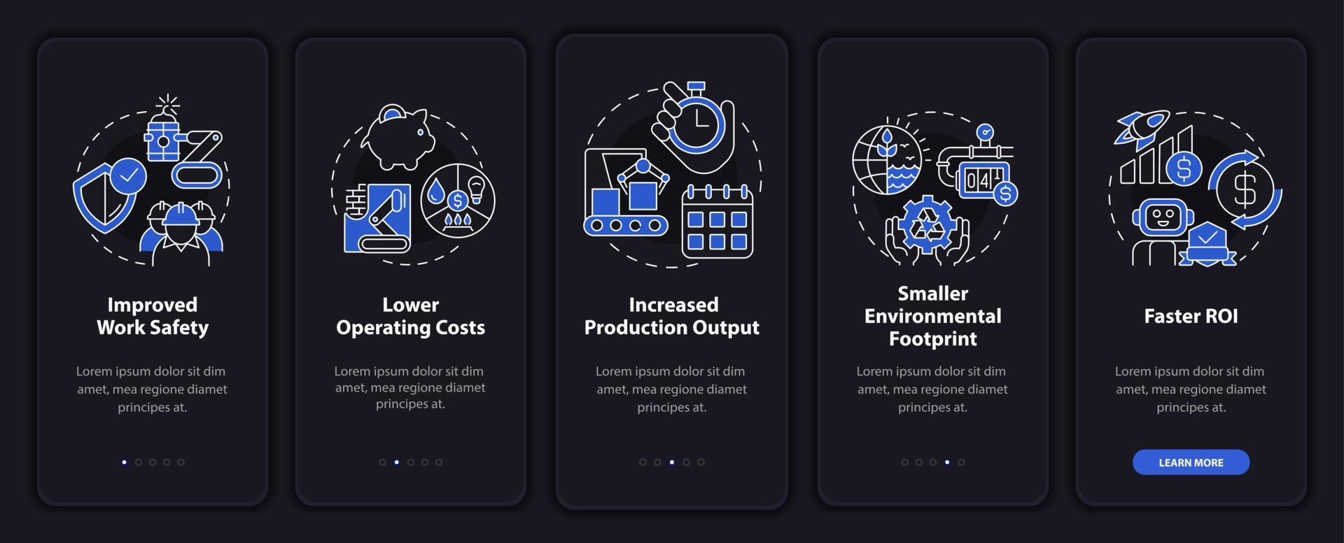 Benefits of automation night mode onboarding mobile app screen. Walkthrough 5 steps graphic instructions pages with linear concepts. UI, UX, GUI template. Myriad Pro-Bold, Regular fonts used vector