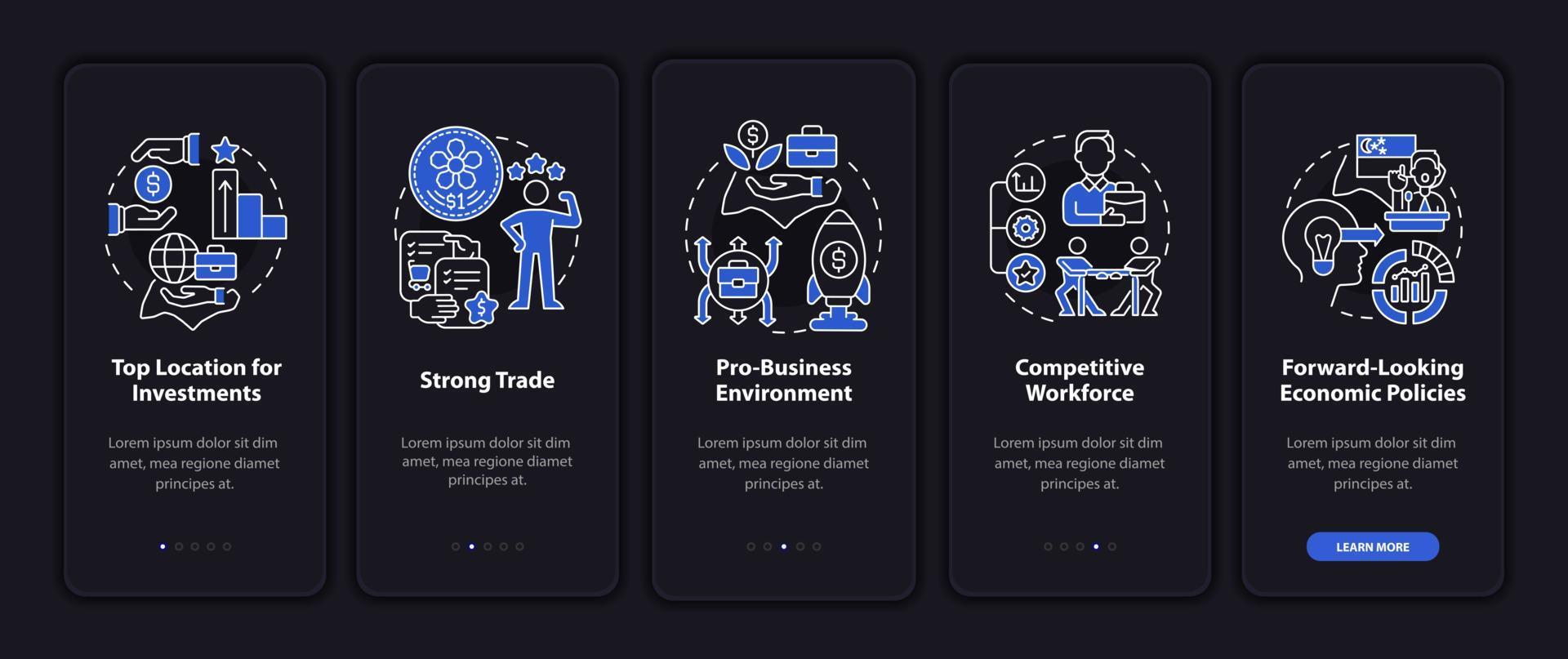 Doing business in Singapore night mode onboarding mobile app screen. Walkthrough 5 steps graphic instructions pages with linear concepts. UI, UX, GUI template. Myriad Pro-Bold, Regular fonts used vector