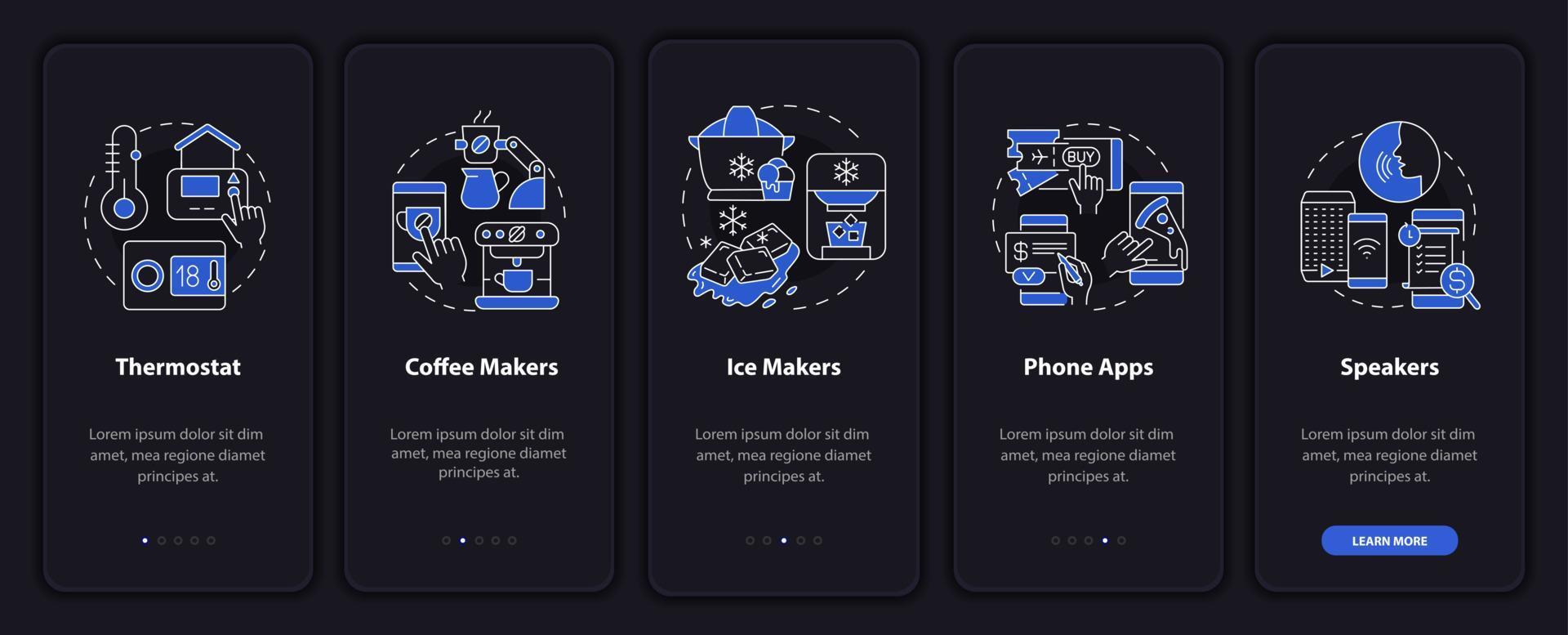 Daily automation night mode onboarding mobile app screen. Walkthrough 5 steps graphic instructions pages with linear concepts. UI, UX, GUI template. Myriad Pro-Bold, Regular fonts used vector