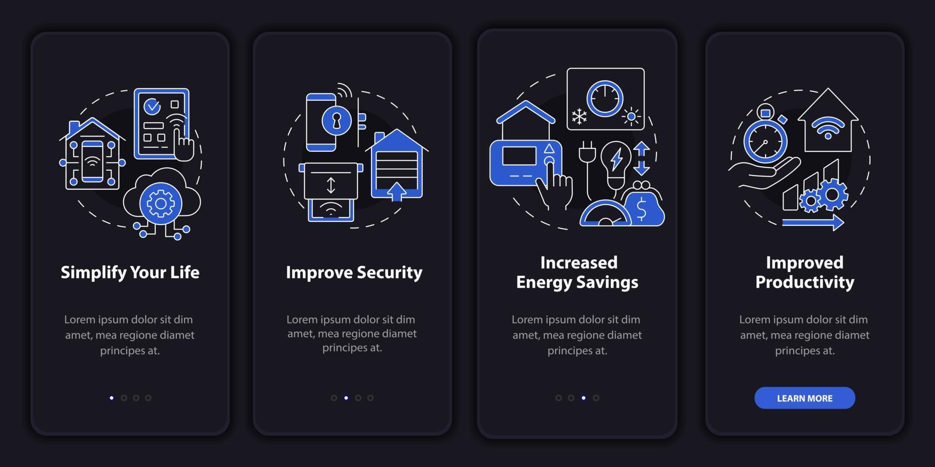 Reasons for home automation night mode onboarding mobile app screen. Walkthrough 4 steps graphic instructions pages with linear concepts. UI, UX, GUI template. Myriad Pro-Bold, Regular fonts used vector