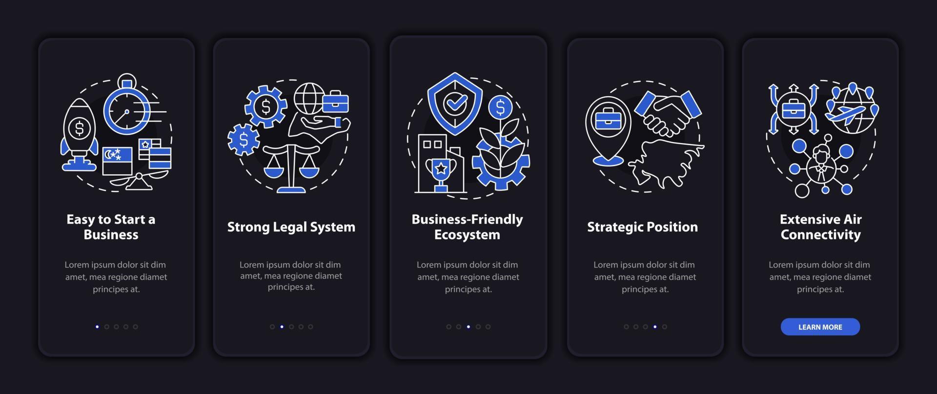 Setting up business in Singapore night mode onboarding mobile app screen. Walkthrough 5 steps graphic instructions pages with linear concepts. UI, UX, GUI template. Myriad Pro-Bold, Regular fonts used vector