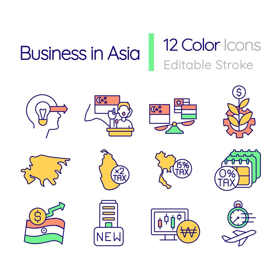 negocios en asia conjunto de iconos de color rgb. la reducción de las tasas de impuestos. establecer una empresa en singapur. ilustraciones vectoriales aisladas. colección de dibujos de líneas llenas simples. trazo editable. fuente Quicksand-light utilizada vector