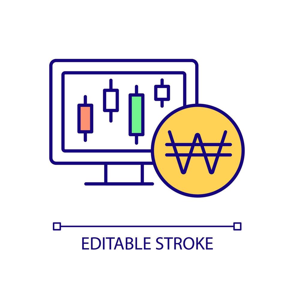 Investing money in South Korea stocks RGB color icon. Online trading platform. Korean national currency. Isolated vector illustration. Simple filled line drawing. Editable stroke. Arial font used