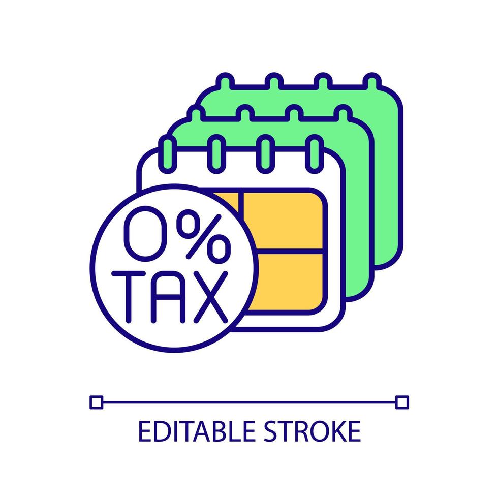 Tax holiday RGB color icon. Temporary tax free period. Saving money strategy. Holiday weekend. Isolated vector illustration. Simple filled line drawing. Editable stroke. Arial font used