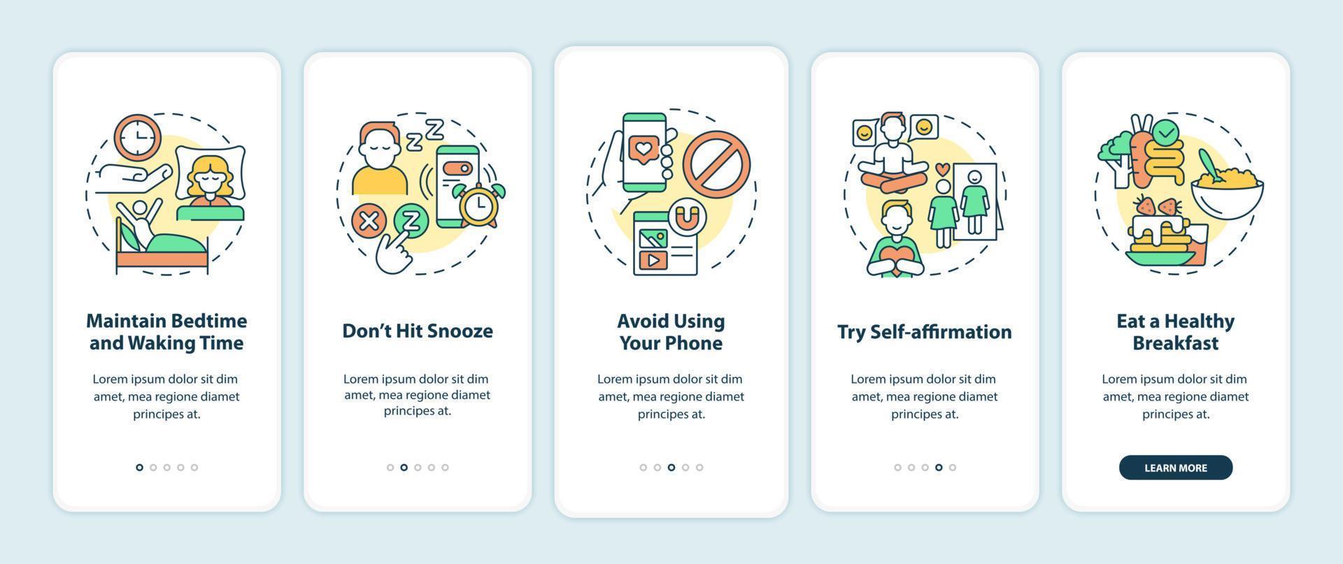 Tips for building morning routine onboarding mobile app screen. Ideas walkthrough 5 steps graphic instructions pages with linear concepts. UI, UX, GUI template. Myriad Pro-Bold, Regular fonts used vector