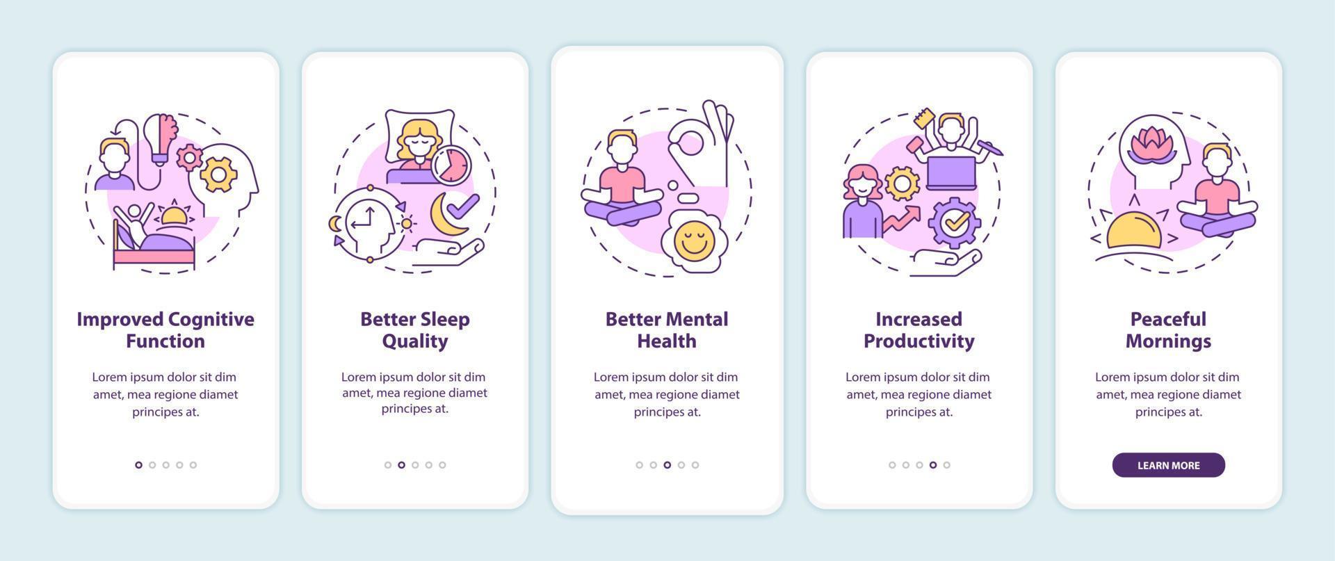 Waking up early benefits onboarding mobile app screen. Productivity walkthrough 5 steps graphic instructions pages with linear concepts. UI, UX, GUI template. Myriad Pro-Bold, Regular fonts used vector