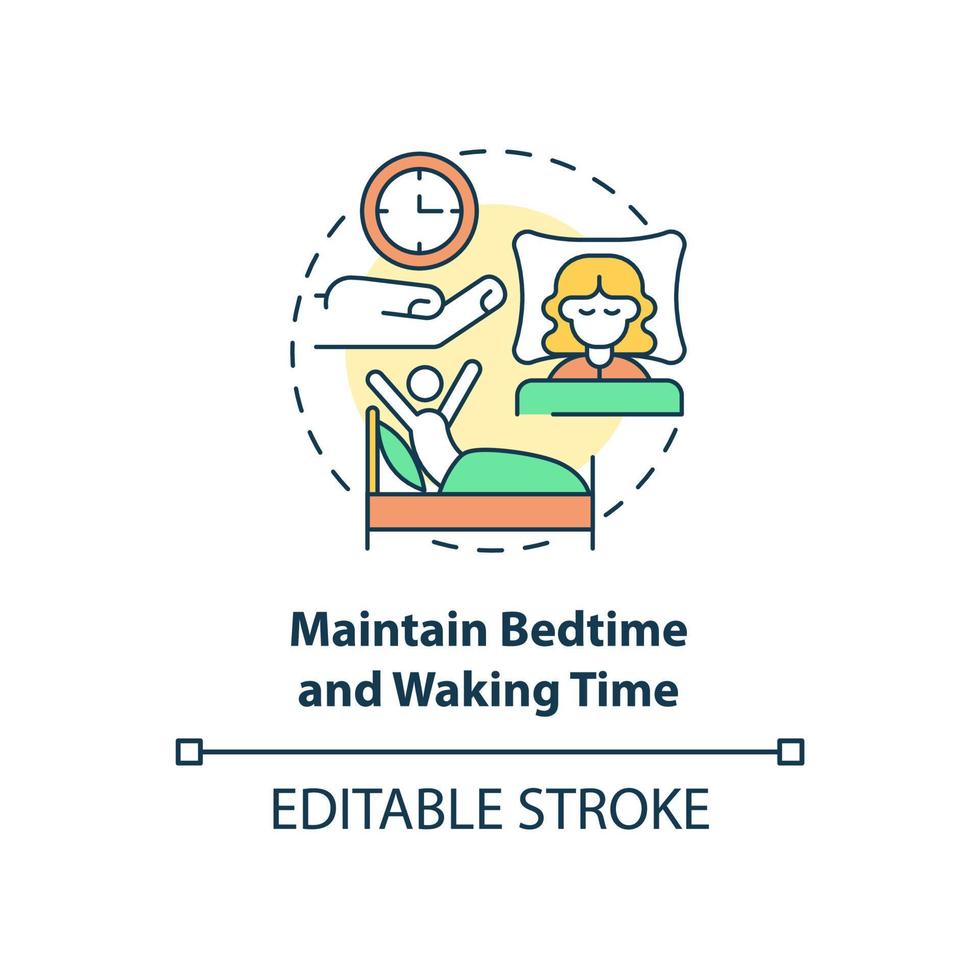 Maintain bedtime and waking time concept icon. Healthy lifestyle abstract idea thin line illustration. Isolated outline drawing. Editable stroke. Roboto-Medium, Myriad Pro-Bold fonts used vector