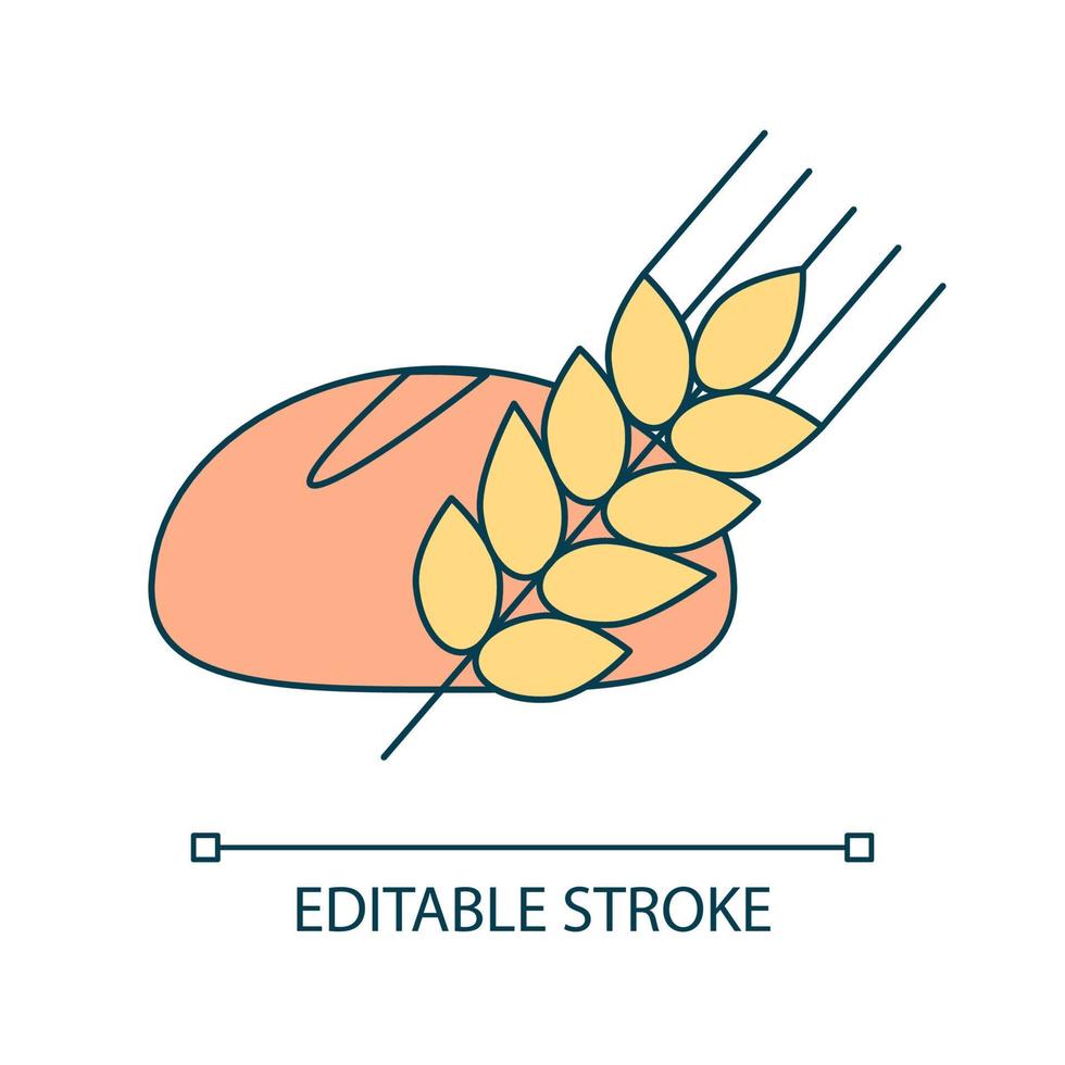 Bread loaf and spikelet RGB color icon. Wholemeal bakery. Organic food product. Healthy meal. Isolated vector illustration. Simple filled line drawing. Editable stroke. Arial font used