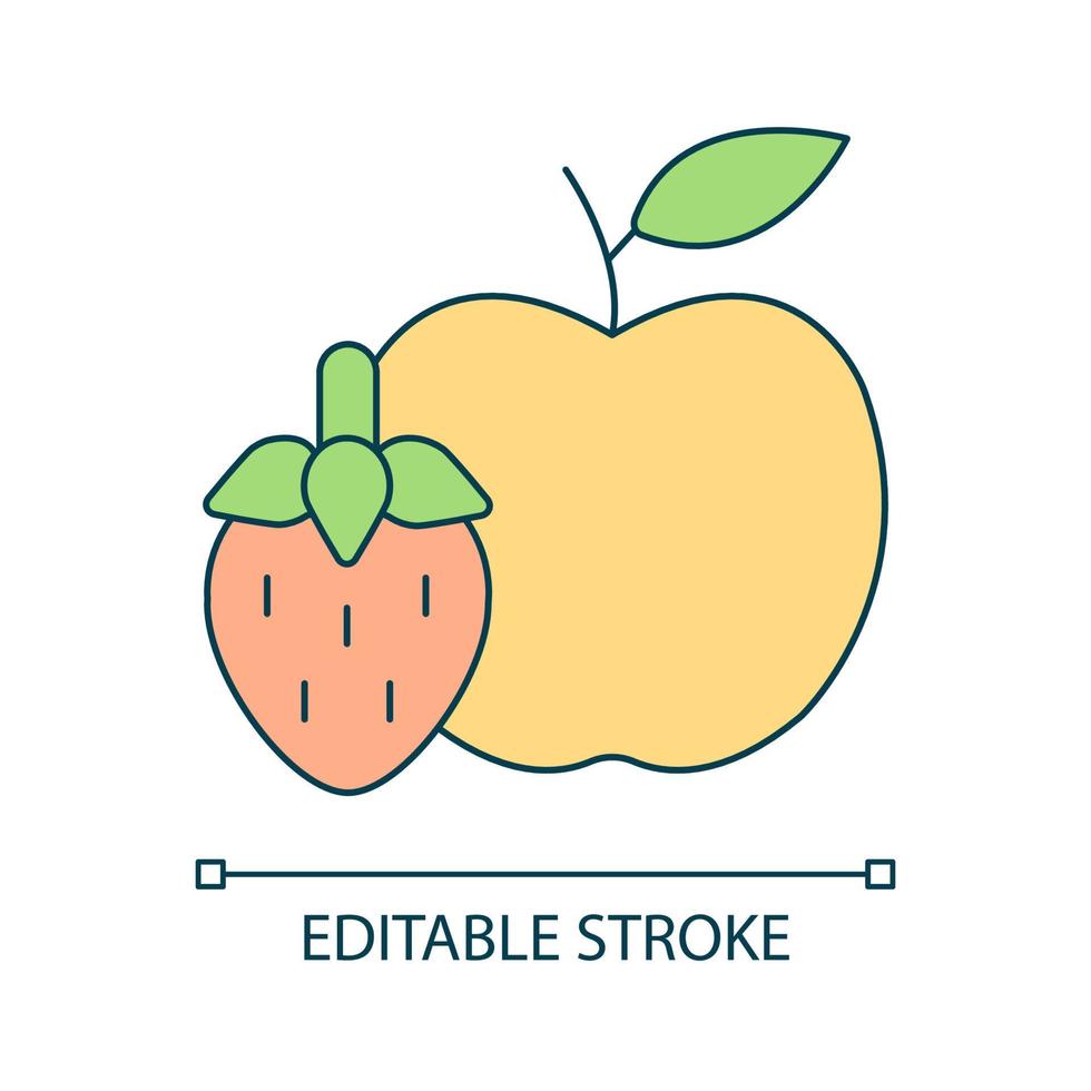 Apple and strawberry RGB color icon. Fresh fruit and berry. Organic dietary products. Natural vitamins. Isolated vector illustration. Simple filled line drawing. Editable stroke. Arial font used