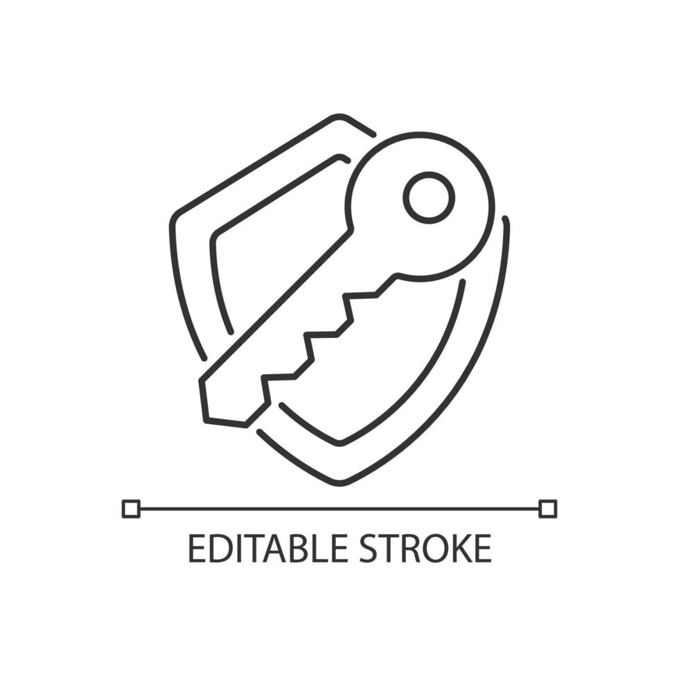 Encryption key linear icon. Data stealing prevention. Unpredictable code. Thin line customizable illustration. Contour symbol. Vector isolated outline drawing. Editable stroke. Arial font used