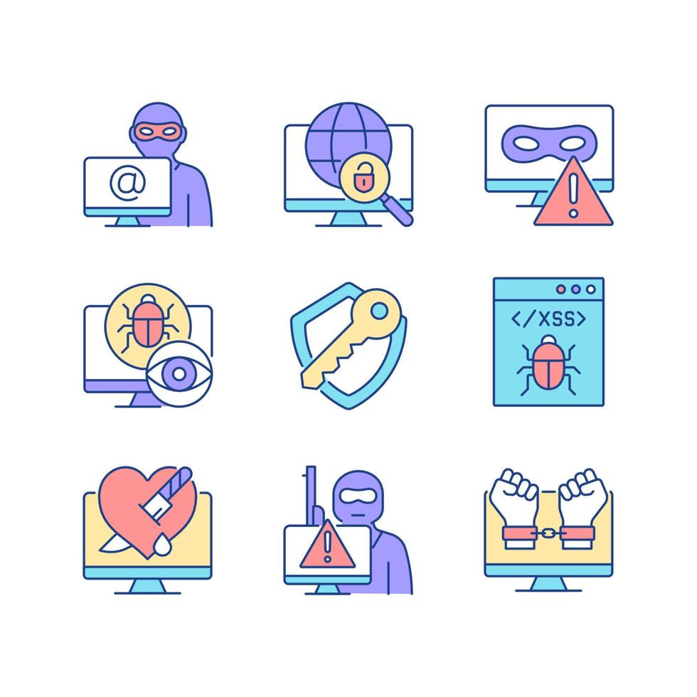 Cyber attacks types RGB color icons set. Network crash. Cybercrime