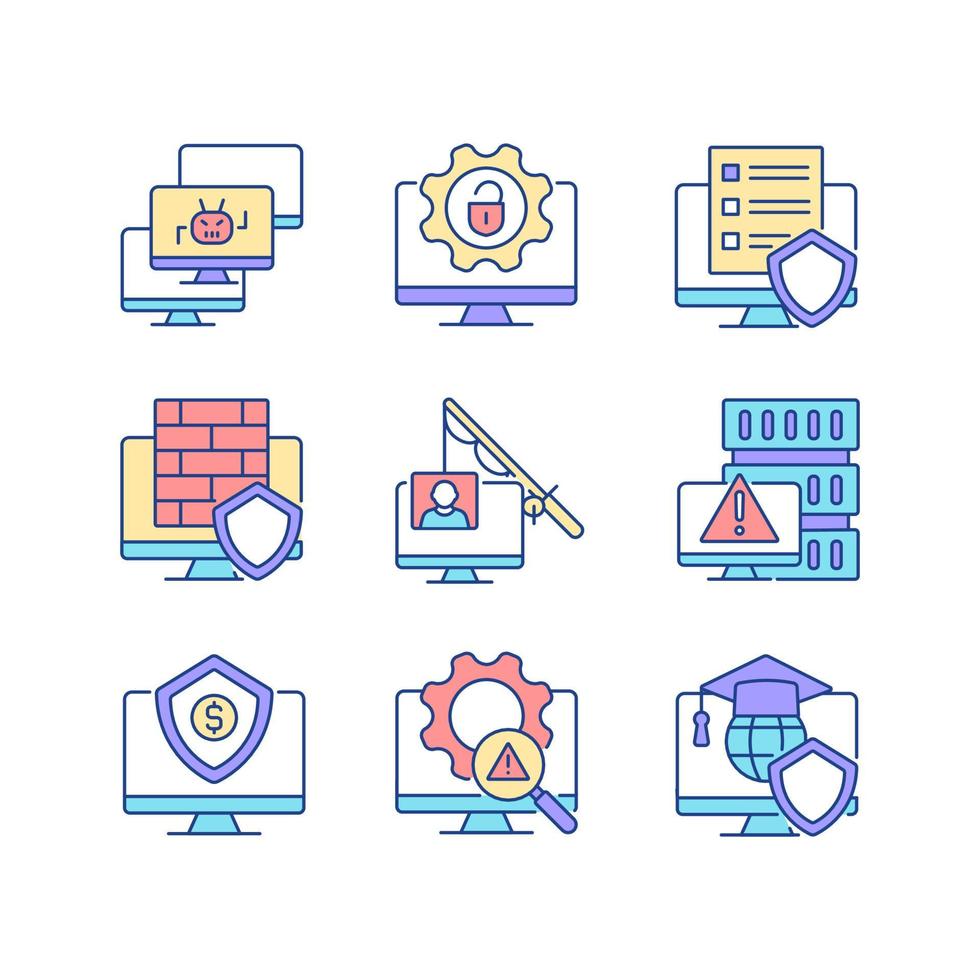 Cybercrime and its prevention RGB color icons set. Phishing and Dos attack. Cybersecurity methods. Isolated vector illustrations. Simple filled line drawings collection. Editable stroke