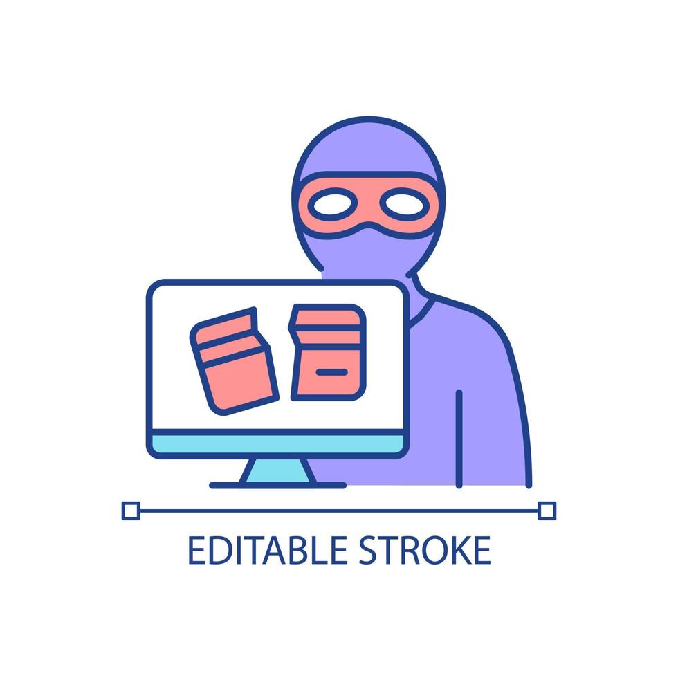 Criminally motivated attack RGB color icon. Computer disruption to gain money and data. Cybercrime. Isolated vector illustration. Simple filled line drawing. Editable stroke. Arial font used