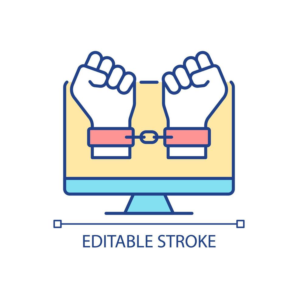 Hacker catching RGB color icon. Detect, pursue and catch cybercriminal. Arrested for internet fraud and scam. Isolated vector illustration. Simple filled line drawing. Editable stroke. Arial font used