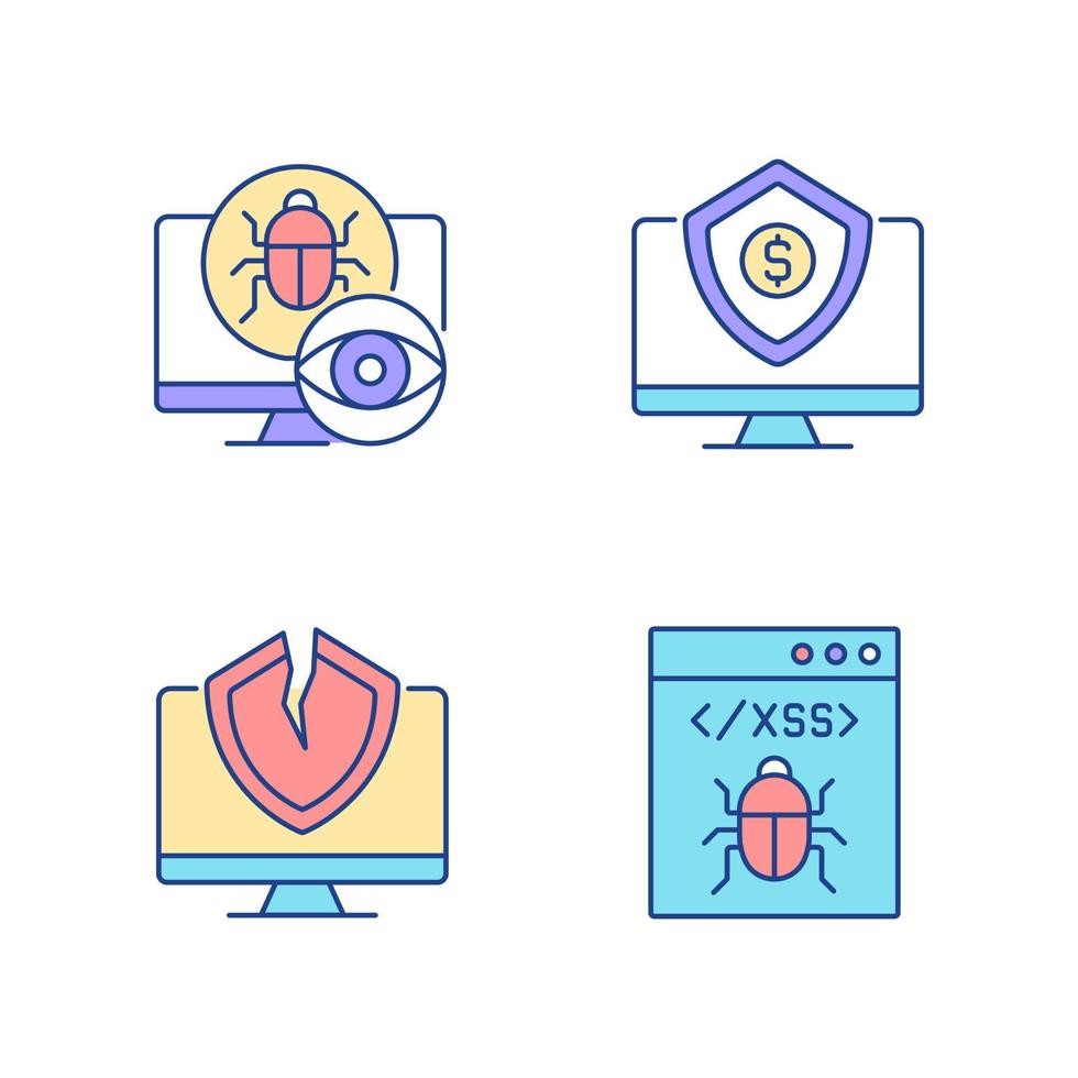 Computer vulnerability exploitation RGB color icons set. Hacker attacks. Network disruption. Cyber insurance. Isolated vector illustrations. Simple filled line drawings collection. Editable stroke